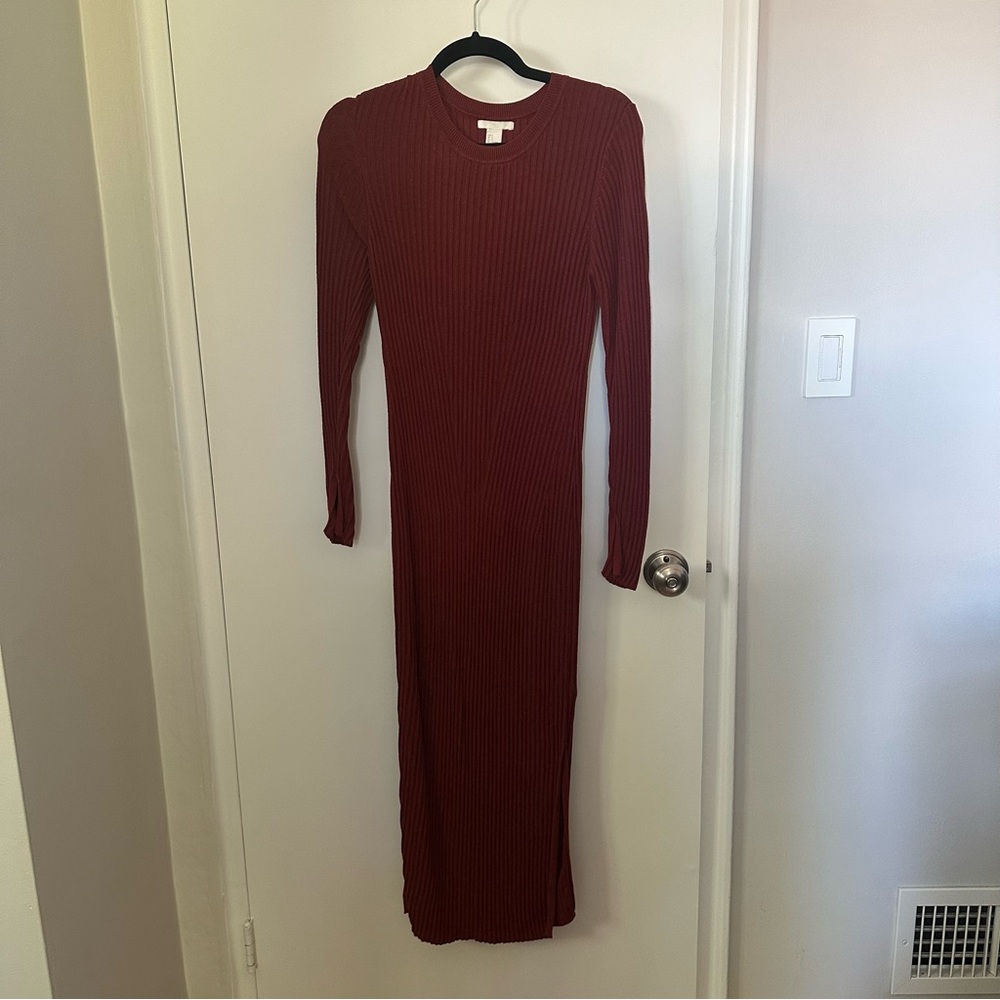 H&M Ribbed Long Sleeve Dress - Deep Red